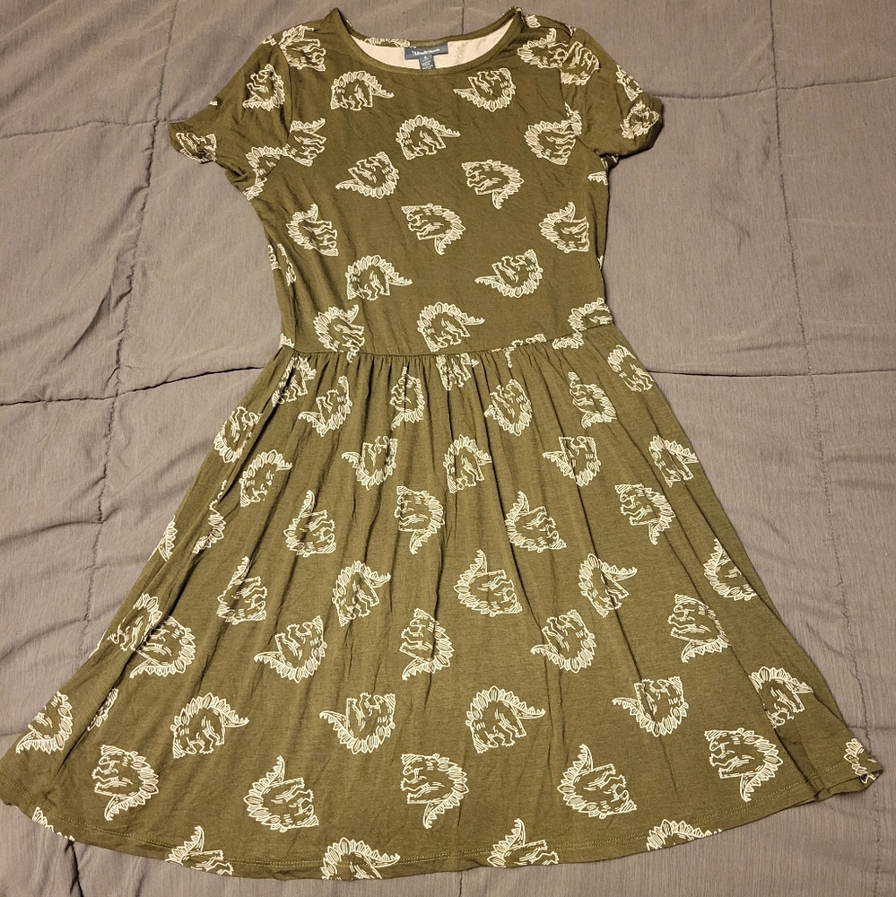 Olive Green Dress with Stegosaurus print